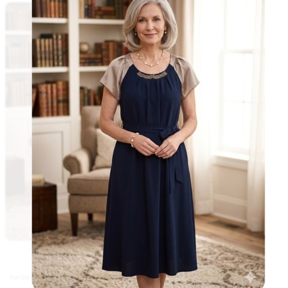 Simply Vera Vera Wang Navy and Tan Midi Dress